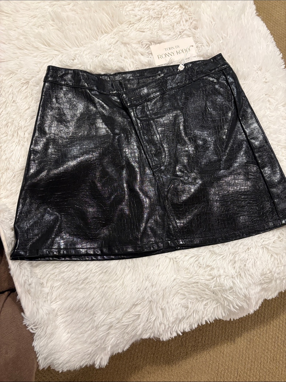 Torn by Ronny Kobo black croc-embossed faux leather asymmetric mini skirt.